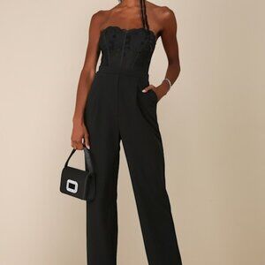 Lulus Positively Impressive Black Lace Strapless Bustier Jumpsuit - Size XS